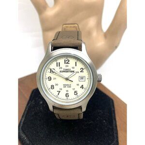 Timex Men's Watch T49870 Expedition Indiglo Quartz Beige Dial Leather Band 37mm